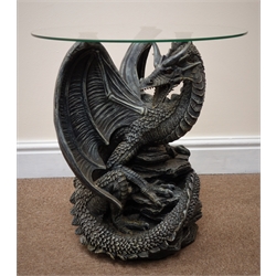  Detailed resin dragon column, circular glass top, D47cm, H49cm  