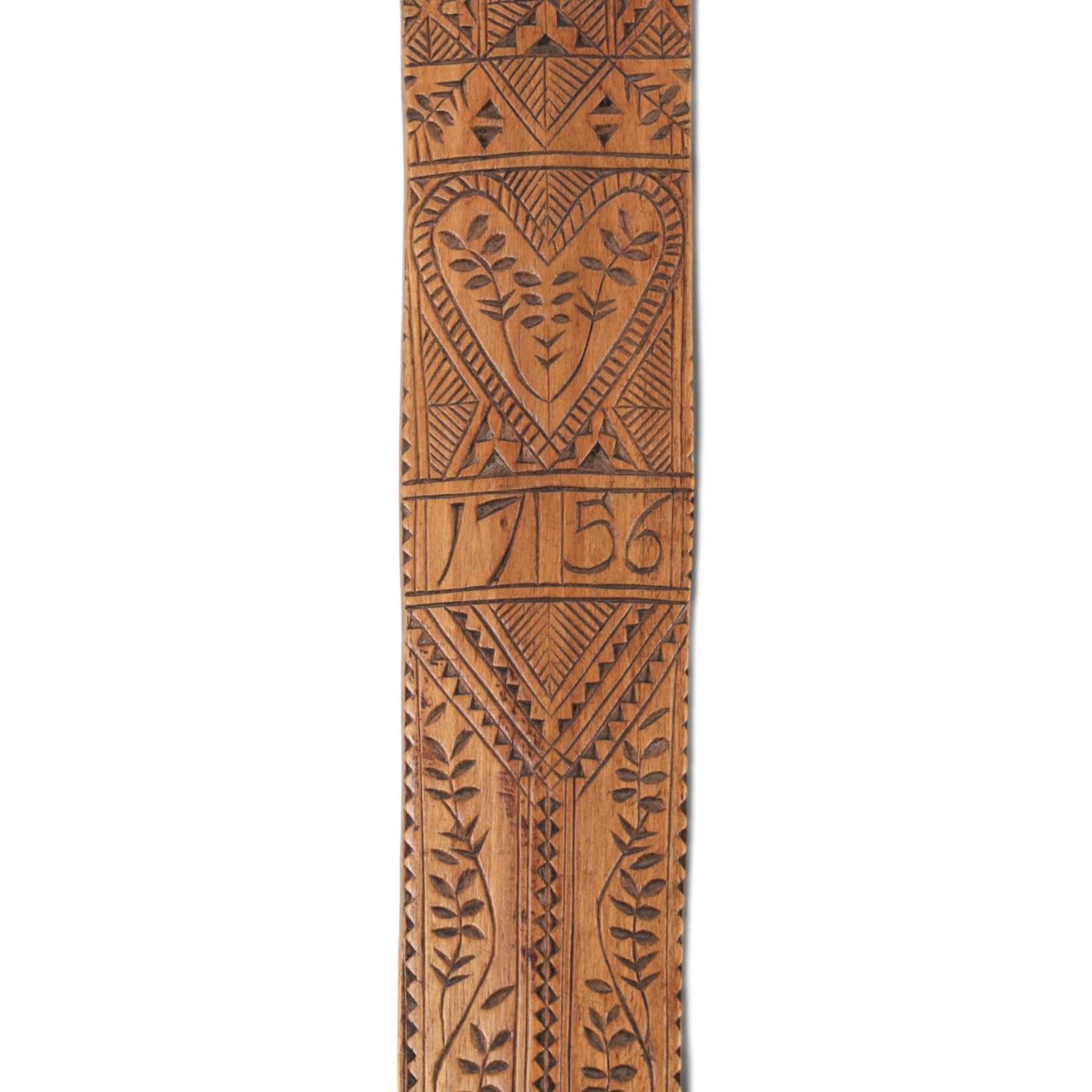 Treen carved a stay busk, dated 1756, the decorated with geometric boarded and foliate sprigs, with pierced top finished with three stars, H37cm