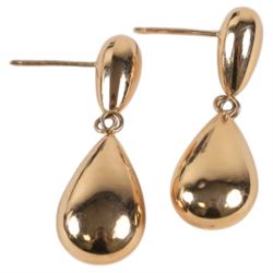 Pair of pear-shaped pendant stud earrings, stamped 585