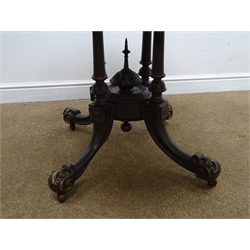  Victorian mahogany octagonal table, four turned column joined by central finial on four sabre supports with acanthus scroll feet on castors, W95cm, H72cm  