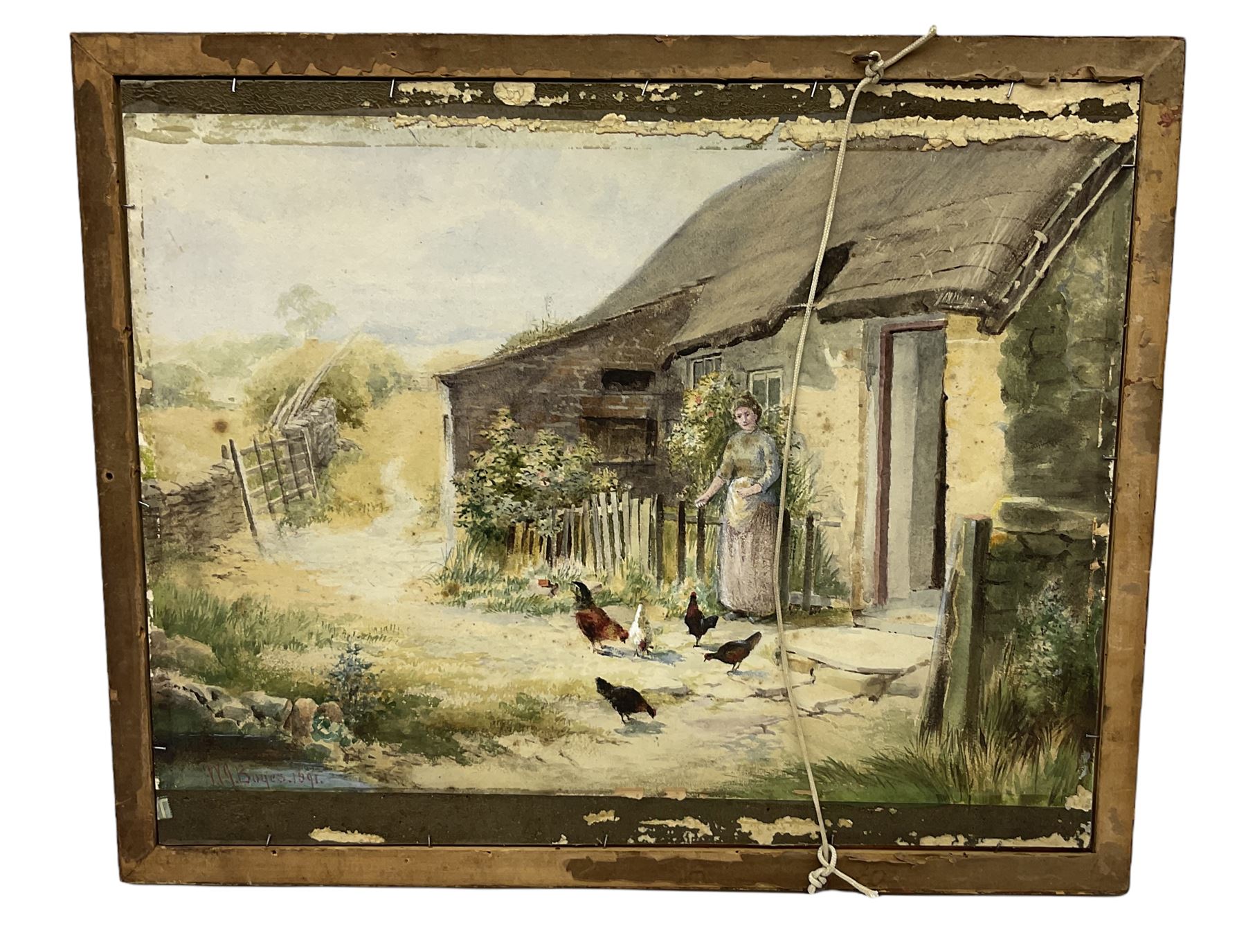English School (19th century): Country Girl at Dawn, oil on board unsigned, verso William Joseph Boyes (British 1871-1919): 'Woman Feeding Chickens', watercolour signed and dated 1891, 50cm x 39cm