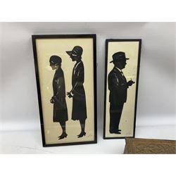 Two Scott-Ford framed silhouettes, featuring the standing profile study of a man dated 1929 and a pair of women dated 1929 and 1930, together with a box containing wooden chess pieces and a serving tray 