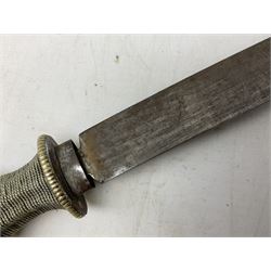 Caucasian style kindjal dagger, the 25cm steel single edged blade with wire-bound and embossed nickel hilt; in matching nickel scabbard L34cm overall