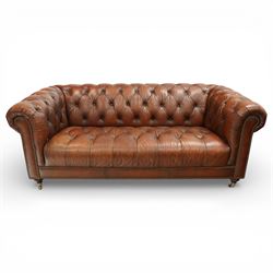 Ullswater - late 20th century brown leather chesterfield sofa, deep button tufted back, ar...