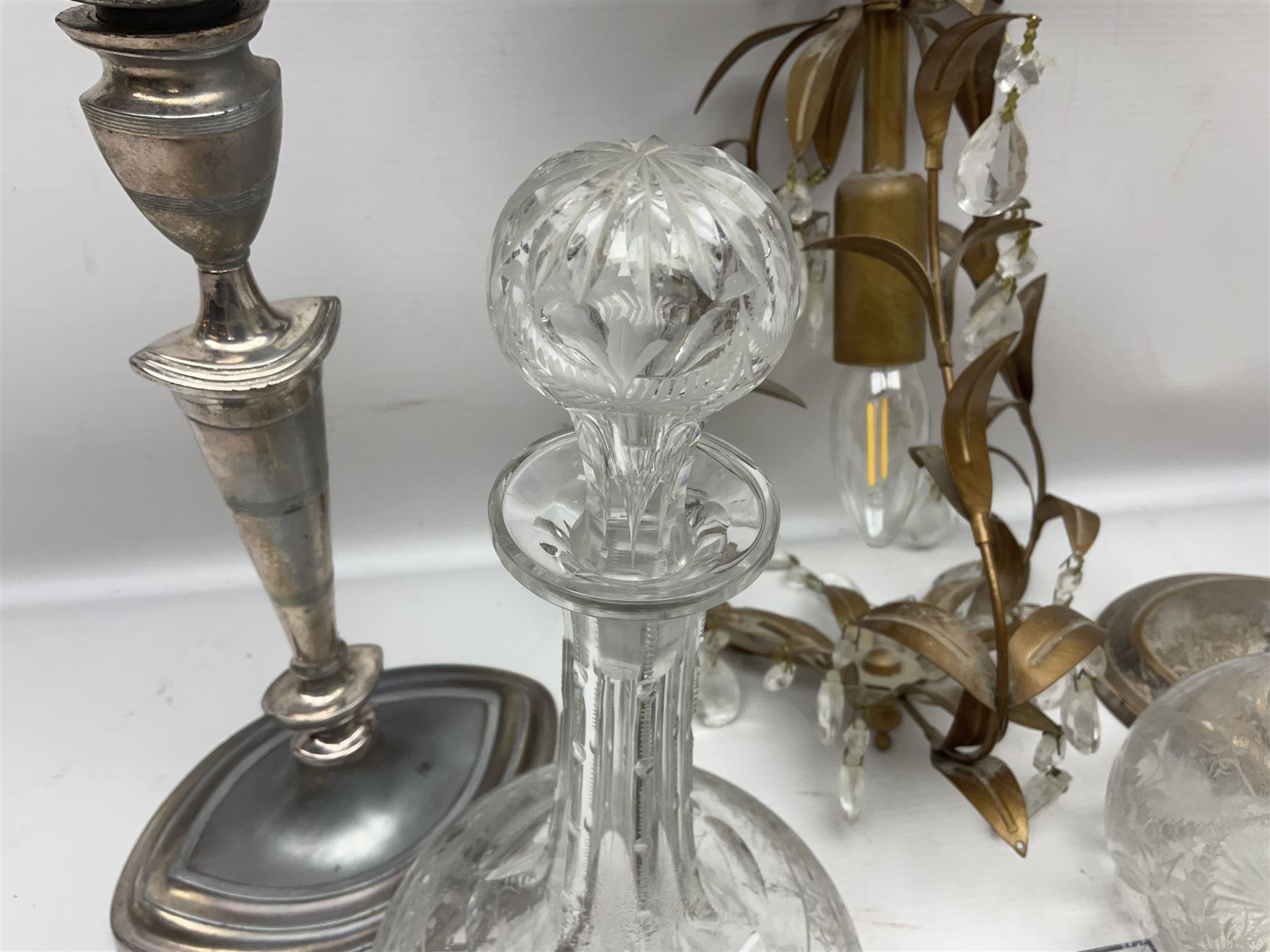 Two silver plate candelabras, together with two glass decanters, necklace and other collectables 