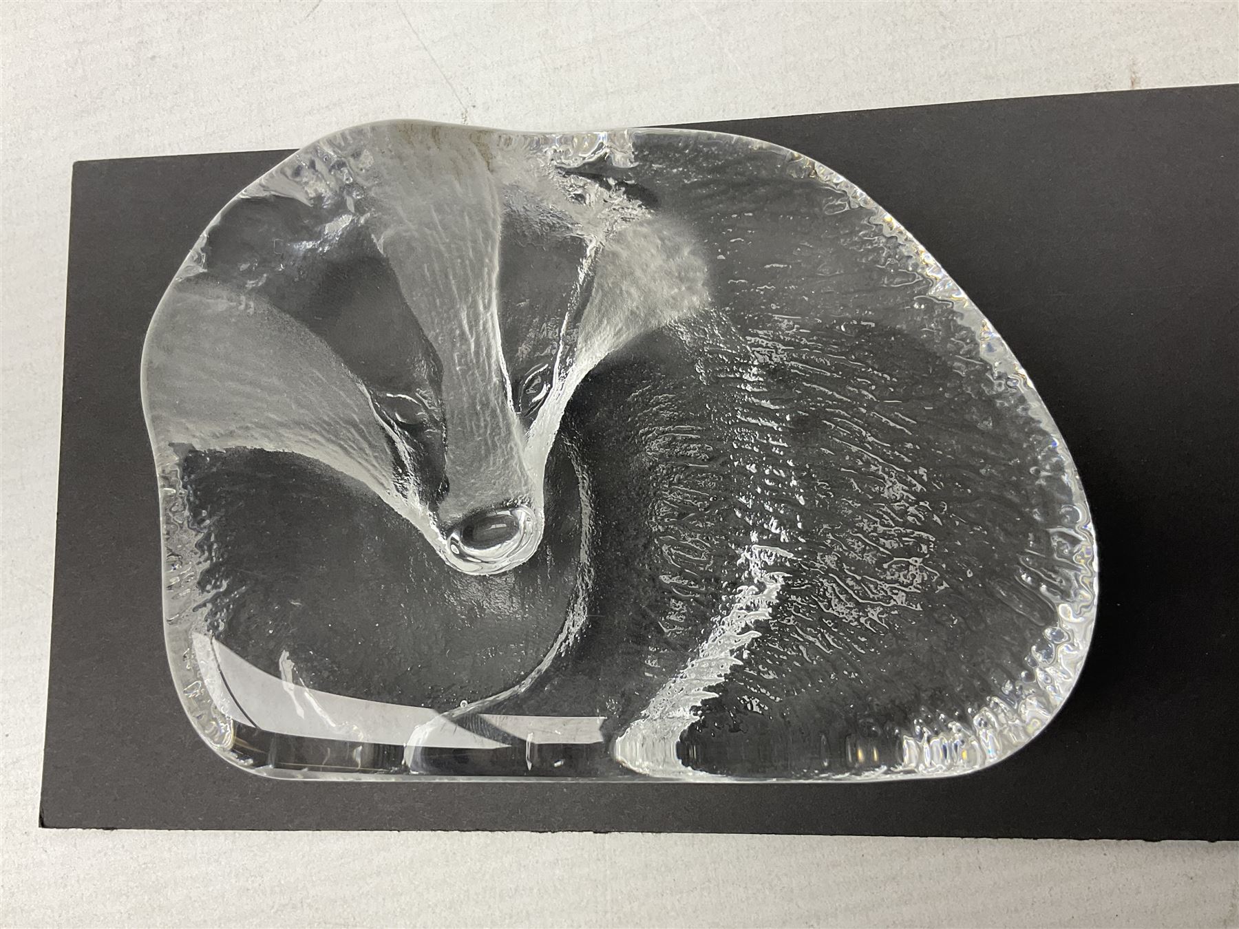 FM Ronneby Sweden large bear paperweight, together two glass penguins, one signed, small Hadeland bear and other glass animals. FM bear H9cm 