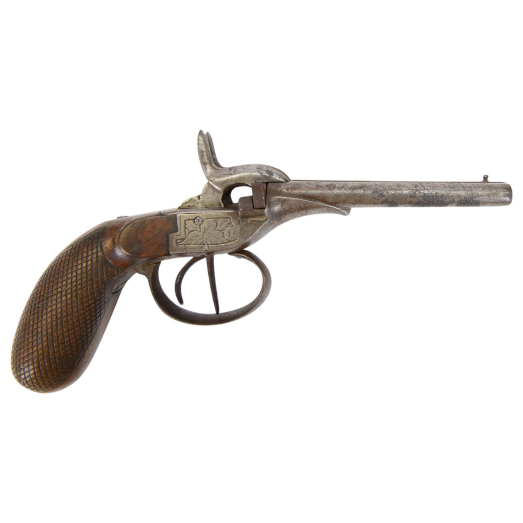 19th century side by side percussion pistol, with double hammers and triggers and foliate engraved action, with chequered and fluted grip, L23cm
Sold as an exempt item under Section 58 (2) of the 1968 Firearms Act, to be held as a curiosity or ornament