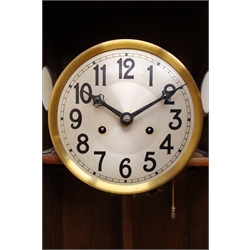  20th century oak wall clock with bevel glazed door, silvered dial and twin train movement with pull repeat, striking the half hours on a coil, H76cm  