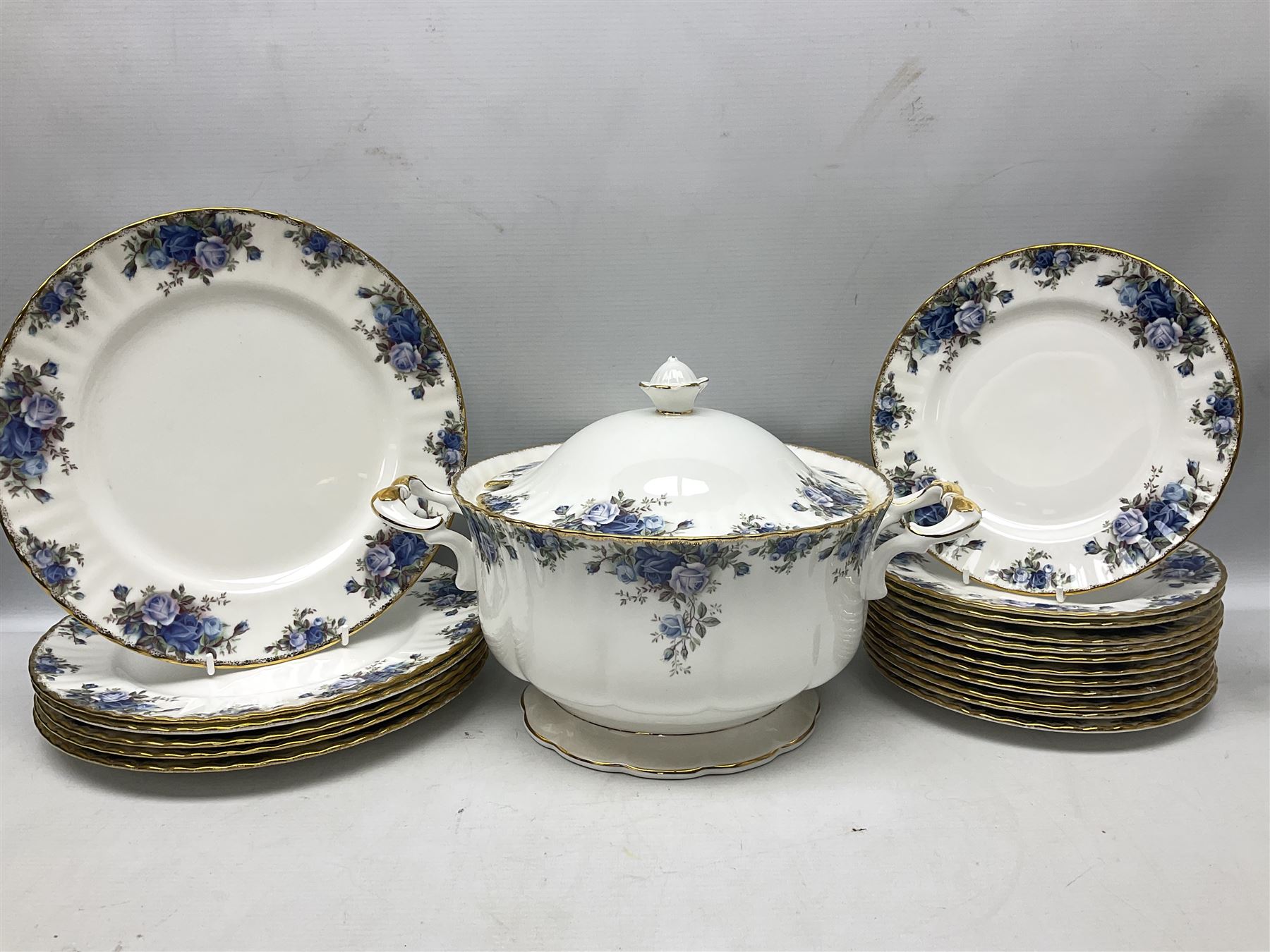 Royal Albert Moonlight Rose pattern dinner service for six, to include, dinner plates, bowls, soup bowls, twin handled soup bowls with saucers, twelve side plates, twin handled soup tureen with cover, twin handled serving dish and cover, sauce boat and saucer, teapot and warmer etc (51)