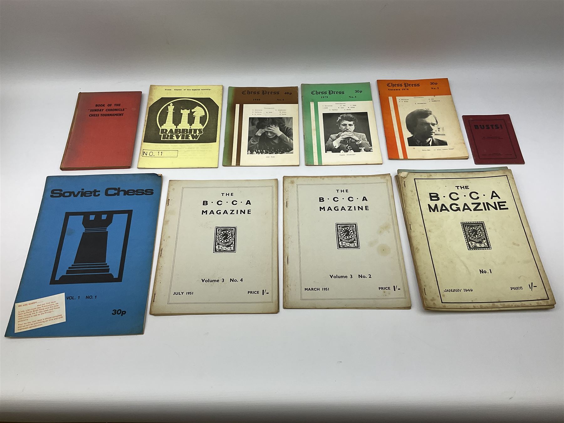 Three bound volumes of 'Chess' magazine 1946-50; fifteen issues of 'The BCCA Magazine' 1949-51; Chess Olympiad books 1970 &1972; and other books and pamphlets of chess interest