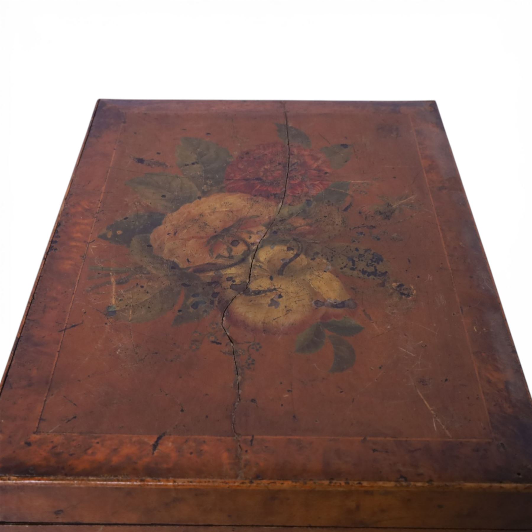 19th century satinwood sewing box, of rectangular form, the hinged cover with foliate decoration opening to reveal a removable compartmented tray with pin cushion, bobbins and removable central basket, painted with violas, upon compressed bun feet, H13cm L39cm D29cm