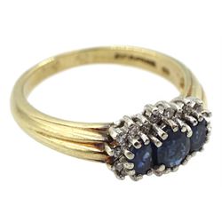 9ct gold three stone oval sapphire and round brilliant cut diamond cluster ring, hallmarked