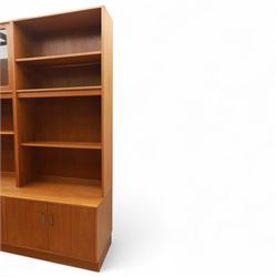 G Plan - Mid 20th century teak sectional wall cabinet, comprising six modular units including a fall front bureau, glazed display cabinet, open bookcase, cupboard and drawer bases, each with recessed handles and flush plinths