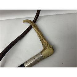 Collection of hunting crops and riding whips, including horn handle examples with silver cuffs