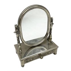 Silver plated swing dressing table mirror, the base raised on four feet with drawer, with ornate foliate decoration, H27cm
