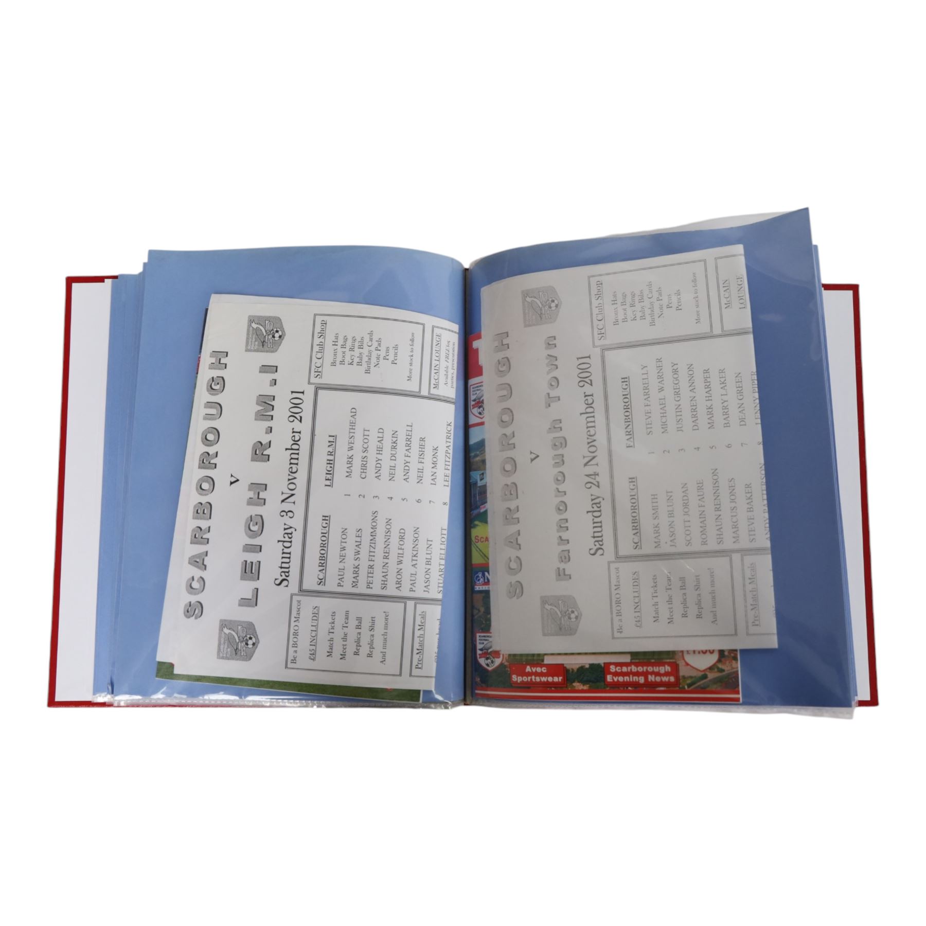 Comprehensive collection of approximately two hundred and twenty Scarborough FC football programmes for the 1999/00, 2000/01, 2001/02 and 2002/03 seasons, all filed within eight dedicated Scarborough FC red Home and Away binders