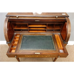  Edwardian rosewood writing desk, shaped raised back with bevelled mirror, cylinder roll top with boxwood trailing foliage, interior fitted with sliding surface with hinged leather inset, drawers and pigeon holes, square tapering supports with ceramic castors, W80cm, H110cm, D52cm  