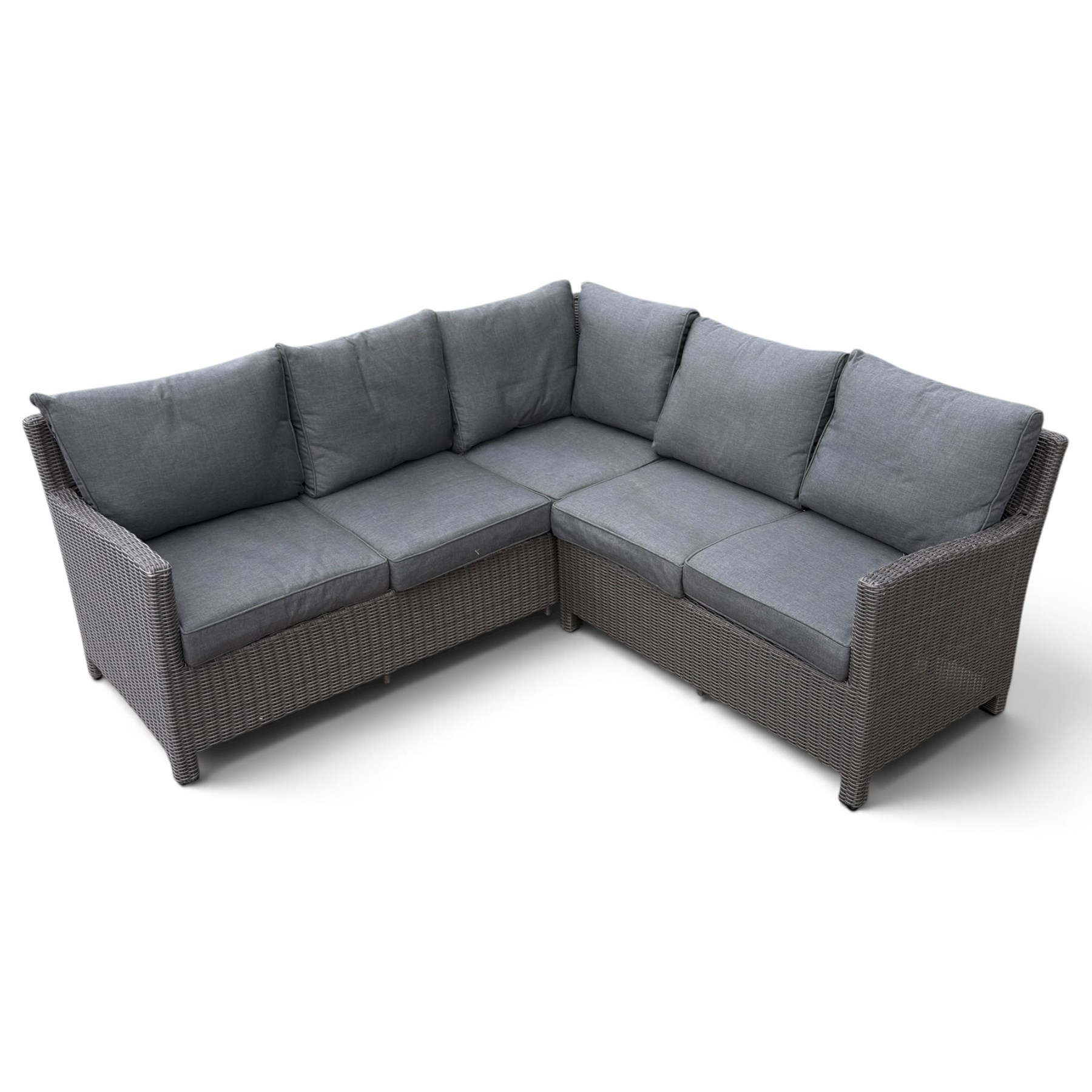 Kettler - Palma rattan garden lounge suite, comprising modular corner sofa (DIM) with slatted and rattan garden table on end supports (DIM), and three stools (DIM), with loose seat cushions
