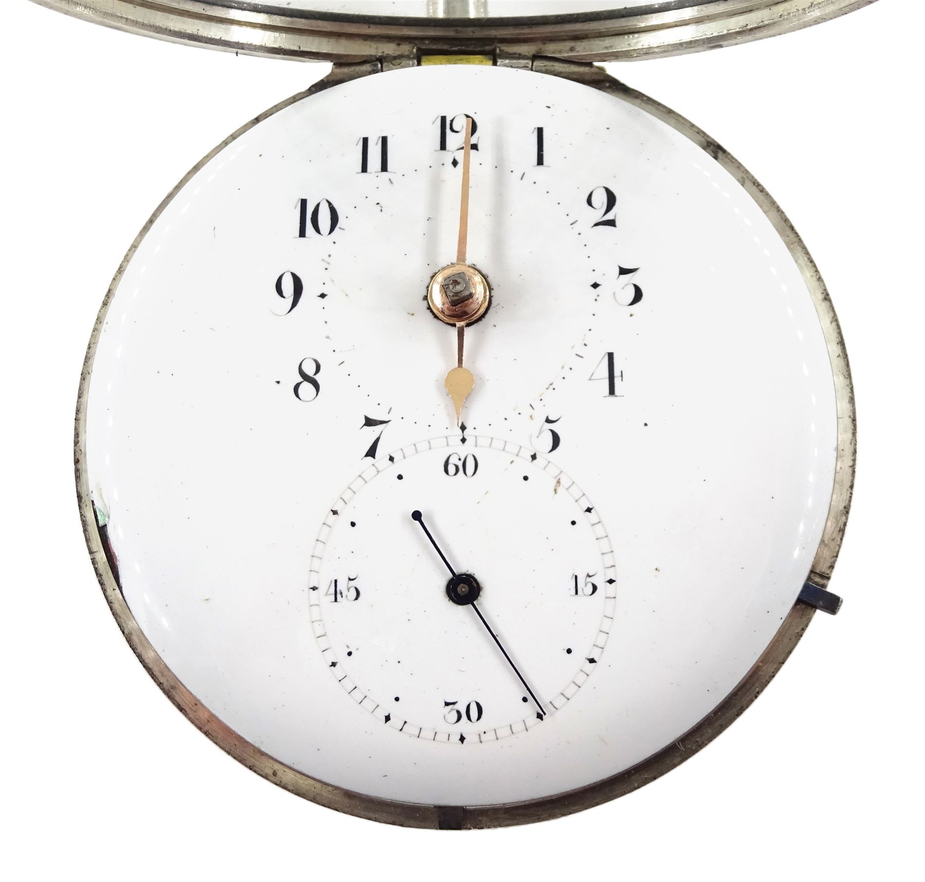 George III silver pair cased verge fusee doctors pocket watch by Charles Vincent, London, No. 393, round pillars, engraved balance cock decorated with a mask, stop/work lever, two intersecting dials with Arabic numerals, case makers mark I C, London 1802