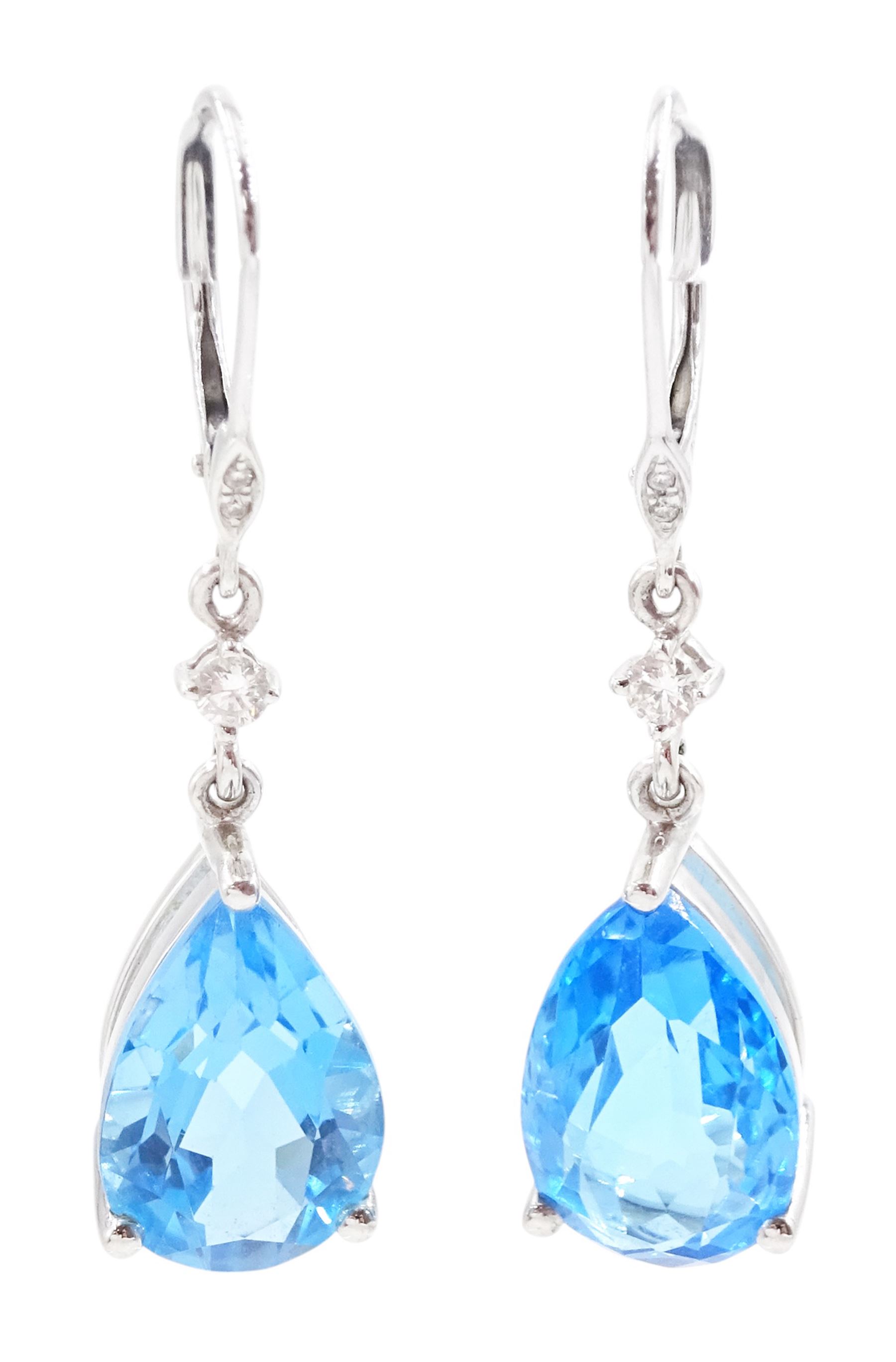 Pair of 18ct white gold pear cut blue topaz and round brilliant cut diamond pendant earrings, stamped 750, total topaz weight approx 10.00 carat