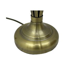 Contemporary brushed metal standard lamp, brass effect with cylindrical stem, on circular base, H131cm; matching table lamp, H35cm (2)