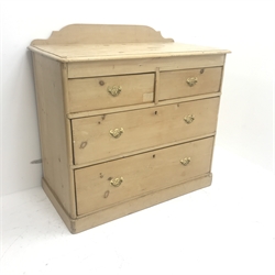 Victorian stripped pine chest, raised shaped back, two short and two long drawers, plinth base, W96cm, H93cm, D50cm