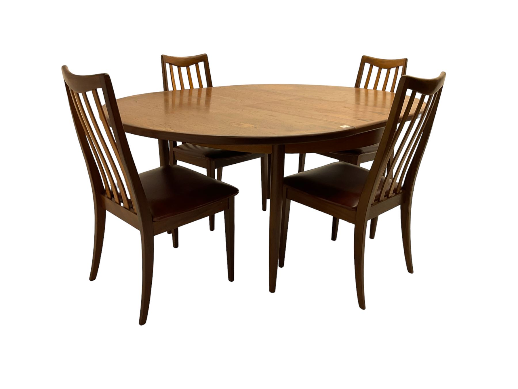 G-Plan - mid-20th century teak 'Fresco' extending dining table, circular top on tapered supports (W122cm H74cm); and Leslie Dandy for G-Plan - set six mid-20th century teak 'Fresco' dining chairs, high backs over tan leatherette seats (W46cm H91cm)