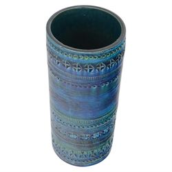 Bitossi pottery Rimini Blu vase, 1970s, designed by Aldo Londi, of cylindrical form, with impressed details, with painted marks beneath, H18cm