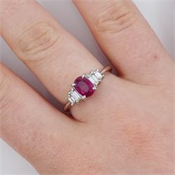 Platinum five stone oval cut Burmese ruby and baguette cut diamond ring, engraved 'PT900 R1.01 0.31', with GIA report