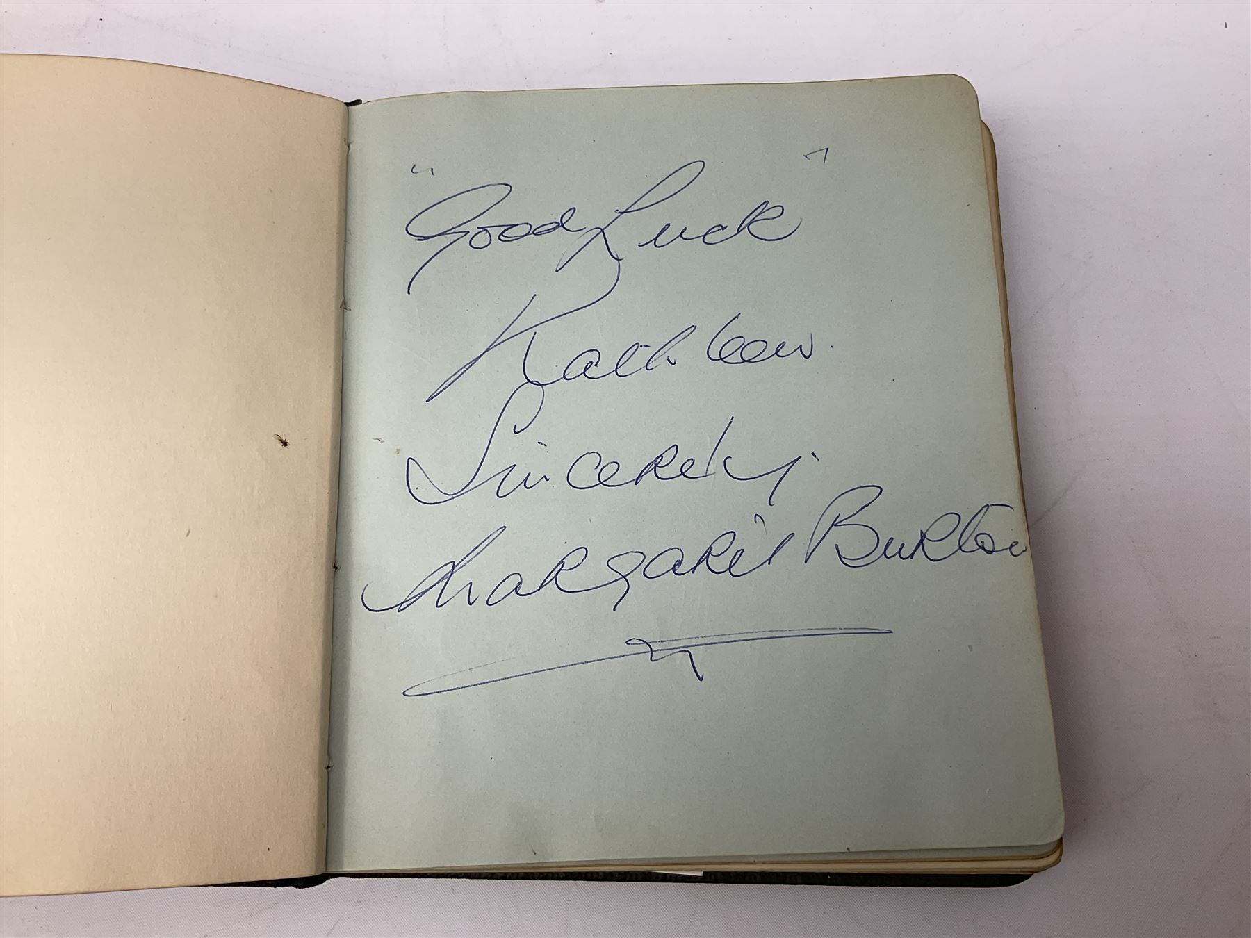 2 autograph albums, containing signatures including Harry Corbett Sooty, Dave Morris, Marion Saunders, Max Bygraves and signed photographs, quantity of postcards depicting the Lords Prayer and playing cards in case