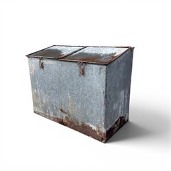 Early 20th century galvanised two division feed bin, sloped top