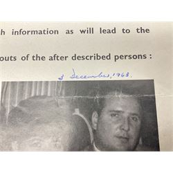 Great Train Robbery; Metropolitan Police printed poster, 'The Assistance of the public is sought to trace the whereabouts of the after described persons .....', printed by Wavell Press Ltd, 1963
Provenance by vendor repute: The poster was given to the vendor in 1985 by a colleague who was previously a detective sergeant of the Metropolitan Police, who had as a junior officer and worked on the case  of the Great Train Robbery. The hand written dates they were written on the poster when they were arrested   