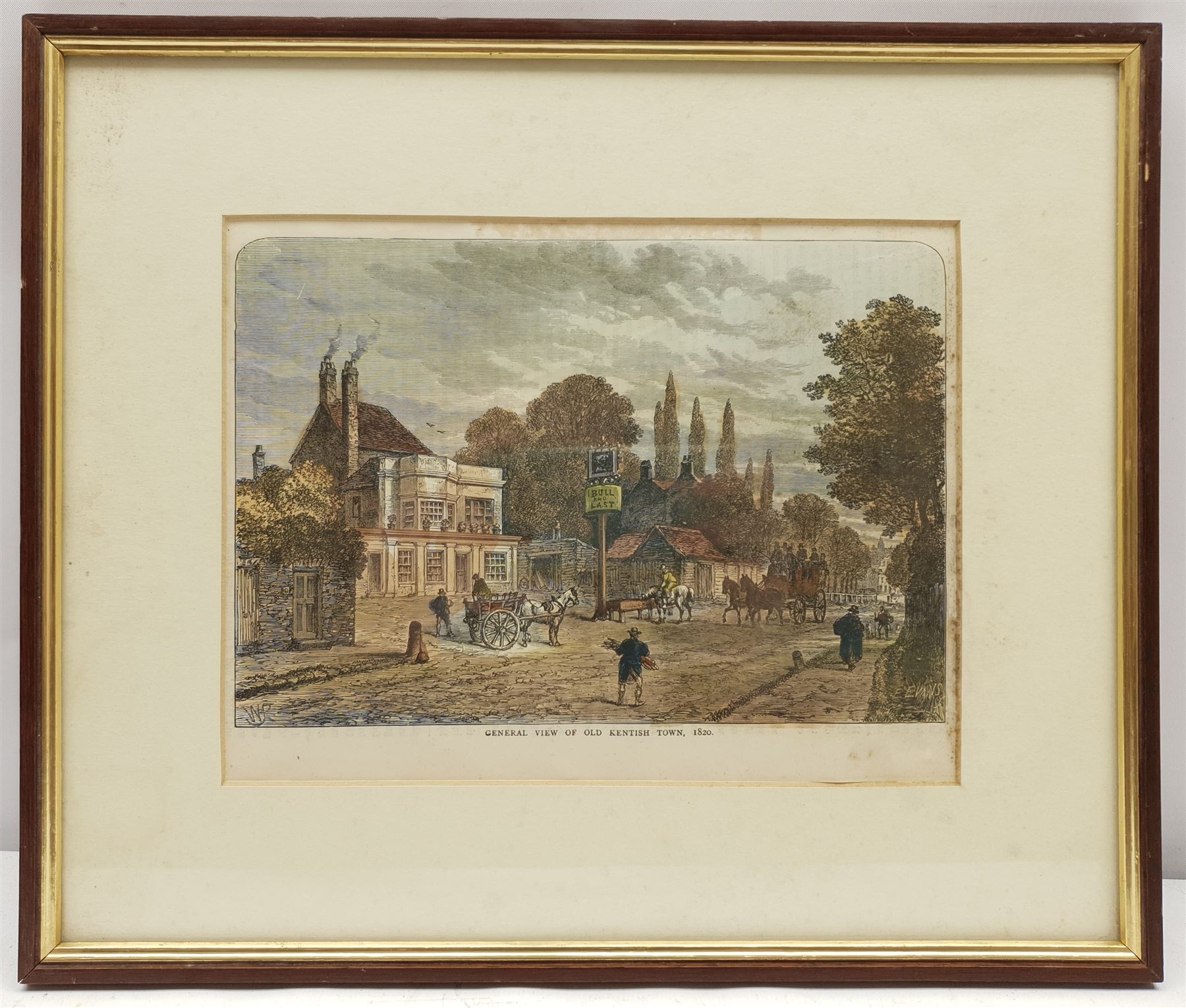 After Cecil Aldin (British 1870-1935): 'The Parson', chromolithograph 41cm x 33cm in period oak frame; 'General View of Old Kentish Town 1820', 19th century hand-coloured engraving 17cm x 22cm; and a reproduction newspaper article relating to Warter Priory 34cm x 51cm (3)
