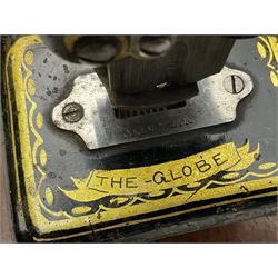 James G Weir 'The Globe' hand-cranked sewing machine, circa 1872, in black finish with gilt and flower painted decoration, the bed stamped Ja's G. Weir, 2 Carlisle Street, Soho Sq., London, with walnut locking carrying case and original manual, boxed H25cm 