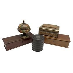 Two mahogany boxes, of rectangular form with internal divisions, a turned tureen jar and cover or cylindrical form, and two other boxes