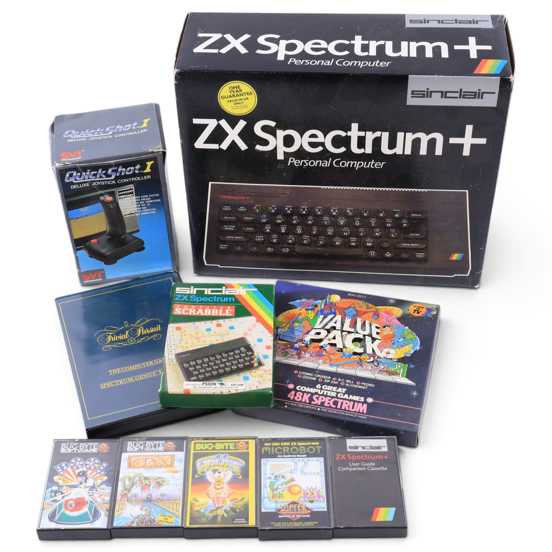 Sinclair ZX Spectrum + personal computer with Spectravideo joystick and games including Pool, Styx, Antics, Microbot, Trivial Pursuit, Scrabble and a six-game Value Pack, all boxed