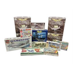 Small collection of aircraft model kits from Airfix and Matchbox etc with four Corgi Aviation Archive die-cast model planes comprising three 47104 and one 47304, one empty 47104 box 