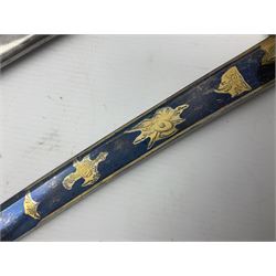 Early 19th century French Lancers officer's sword c1810, the 84cm curving fullered blade retaining most of its bluing, gilding and engraved decoration, inscribed I.S.& C. to ricasso (for Schimelbusch), brass three-bar hilt with elongated elliptical langets and wire-bound leather grip; in polished steel scabbard with two brass suspension rings L100cm overall