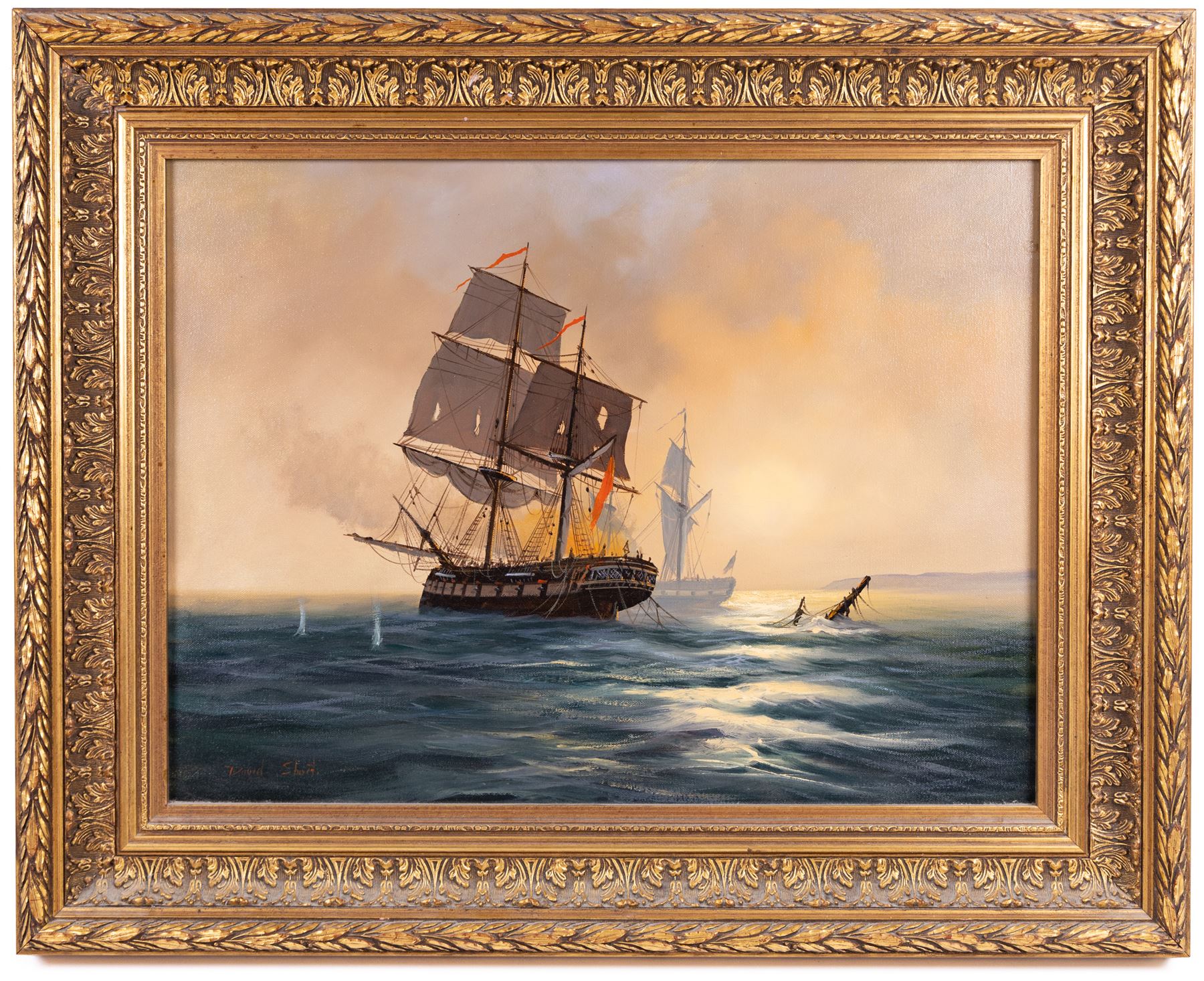 David Short (British 1940-): Ship at Sea, oil on canvas signed 43cm x 59cm