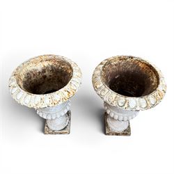 Pair of Victorian revival cast iron garden urns, egg and dart rim, tapering column with gadrooned waist, on square base, finished in distressed white paint