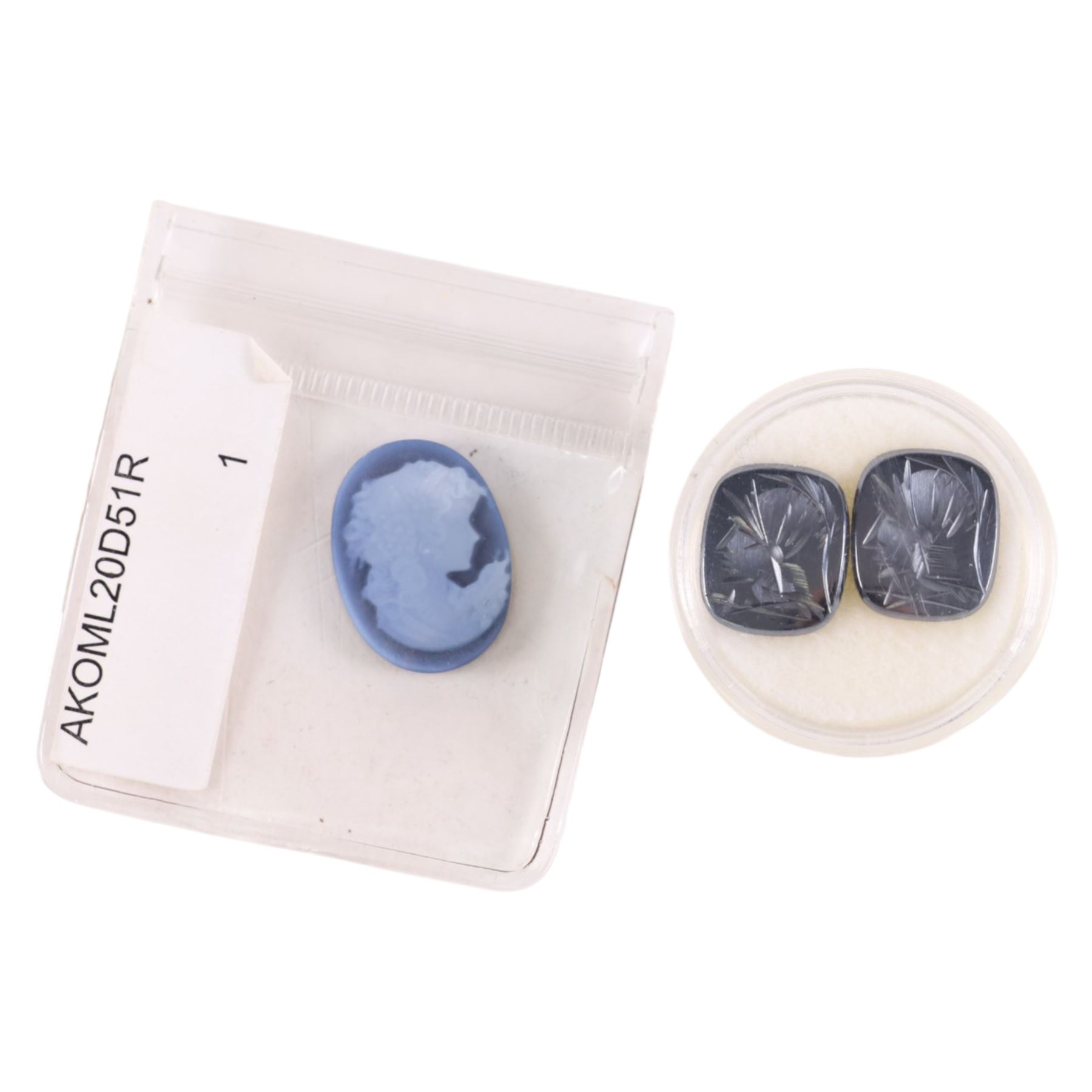 Blue agate cameo depicting a young girl and two haematite warrior intaglios, largest H21mm