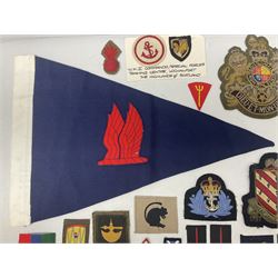 Royal Arms cloth arm adge as worn by Regimental Serjeant-Majors in Foot Guards; naval cap badge; WW2 Commando/Special Forces cloth badges; Home Guard and LDV shoulder titles; and other cloth badges including armoured division, 45th and 77th division, 52nd Lowland Mountain division etc; and 24th Infantry Brigade airmobile pennant