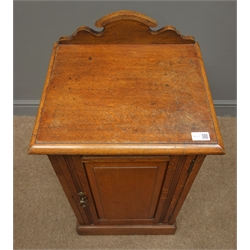  Early 20th century oak bedside cabinet, raised shaped back, single panelled door, plinth base, (W44cm, H85cm, D37cm) and two mahogany bedroom chairs with caned seats, turned supports  
