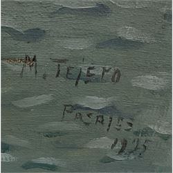 Manuel Tejero (Spanish 19th/20th century): Figures and Boats in a Rocky Cove, oil on canvas signed and dated 'Pasajes 1935', 65cm x 85cm (unframed)