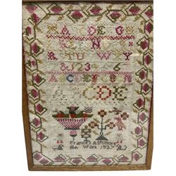 Early Victorian sampler, worked by Sarah Makin Hodfon [?] Aged 10, dated 1831, depicting urns of flowers beneath lines of alphabet, and further detailed with various bands including key and strawberry vine, framed and glazed, overall H35cm W32cm, together with a later George V sampler depicting similar motifs and dated 1927, framed and glazed, overall H28.5cm W22cm