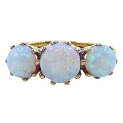 9ct gold three stone round opal ring, hallmarked 