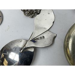 Pair of Georgian silver dress buttons, silver caddy spoon, silver fob medals, silver watches, set of six silver plated teaspoons, set of gilt buttons with ship design, etc