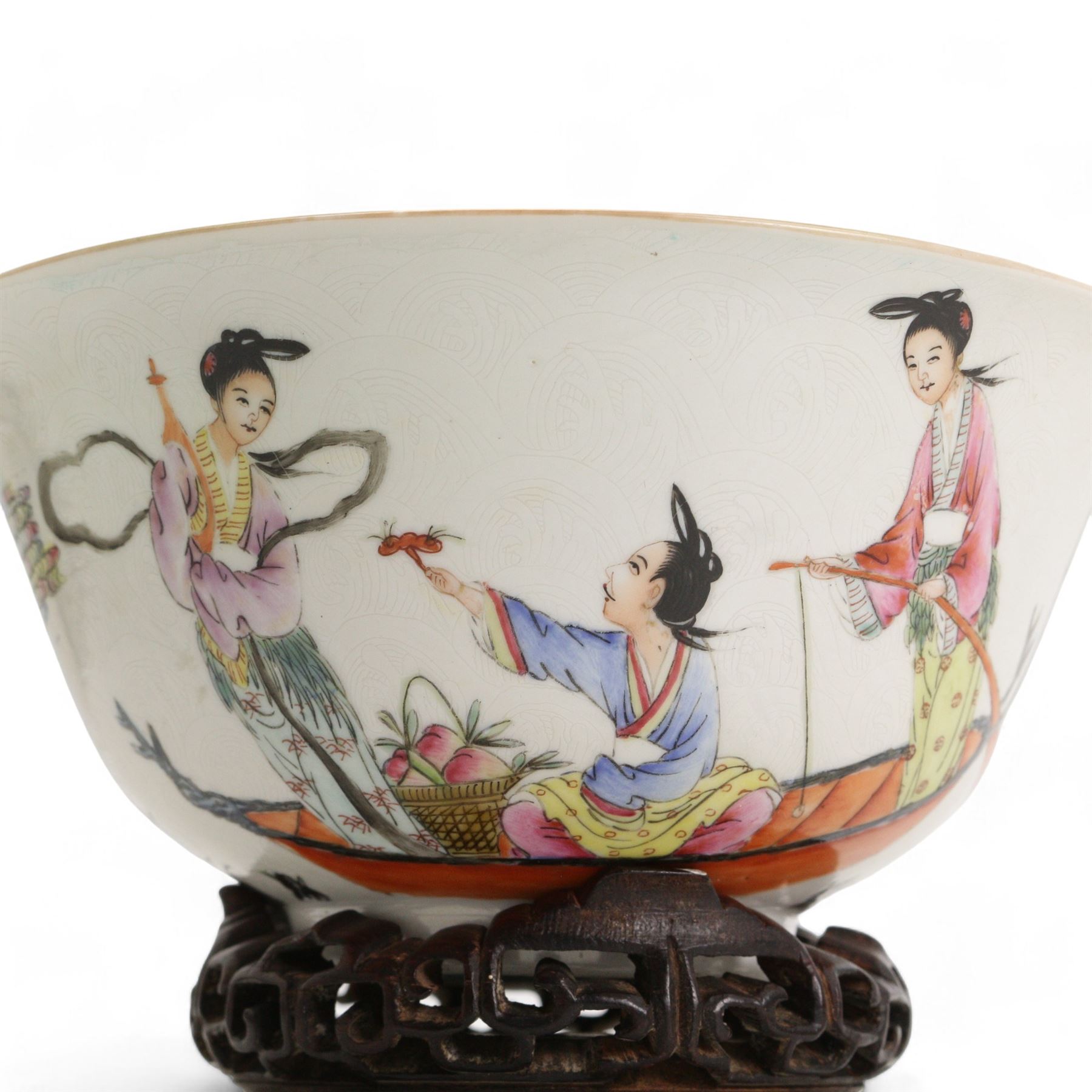 Chinese porcelain famille rose bowl, depicting female figures in a boat, one female seated offering a Lingzhi and a seated female holding out a Ruyi sceptre, against a Anhua ground, the interior with turquoise glaze, red Jiaqing (1796-1820) seal mark beneath, on hardwood stand, D17cm 