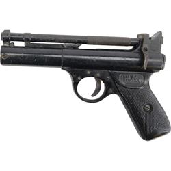 Webley Premier .22 air pistol, batch 947, Series E with 5 pin trigger block, the air chamber marked Webley & Scott Ltd, Webley Premier, Made in England, with checkered grip, H14cm, L19cm