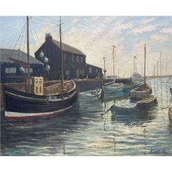 Harold Pye (Fylingdales Group mid 20th century): 'Sunrise - Bridlington Harbour', oil on board signed, titled on label verso 44cm x 54cm 
